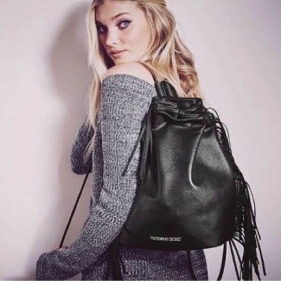 Victoria's Secret Limited Edition Black Faux‎ Leather Boho Fringe Backpack NWOT - Picture 1 of 10